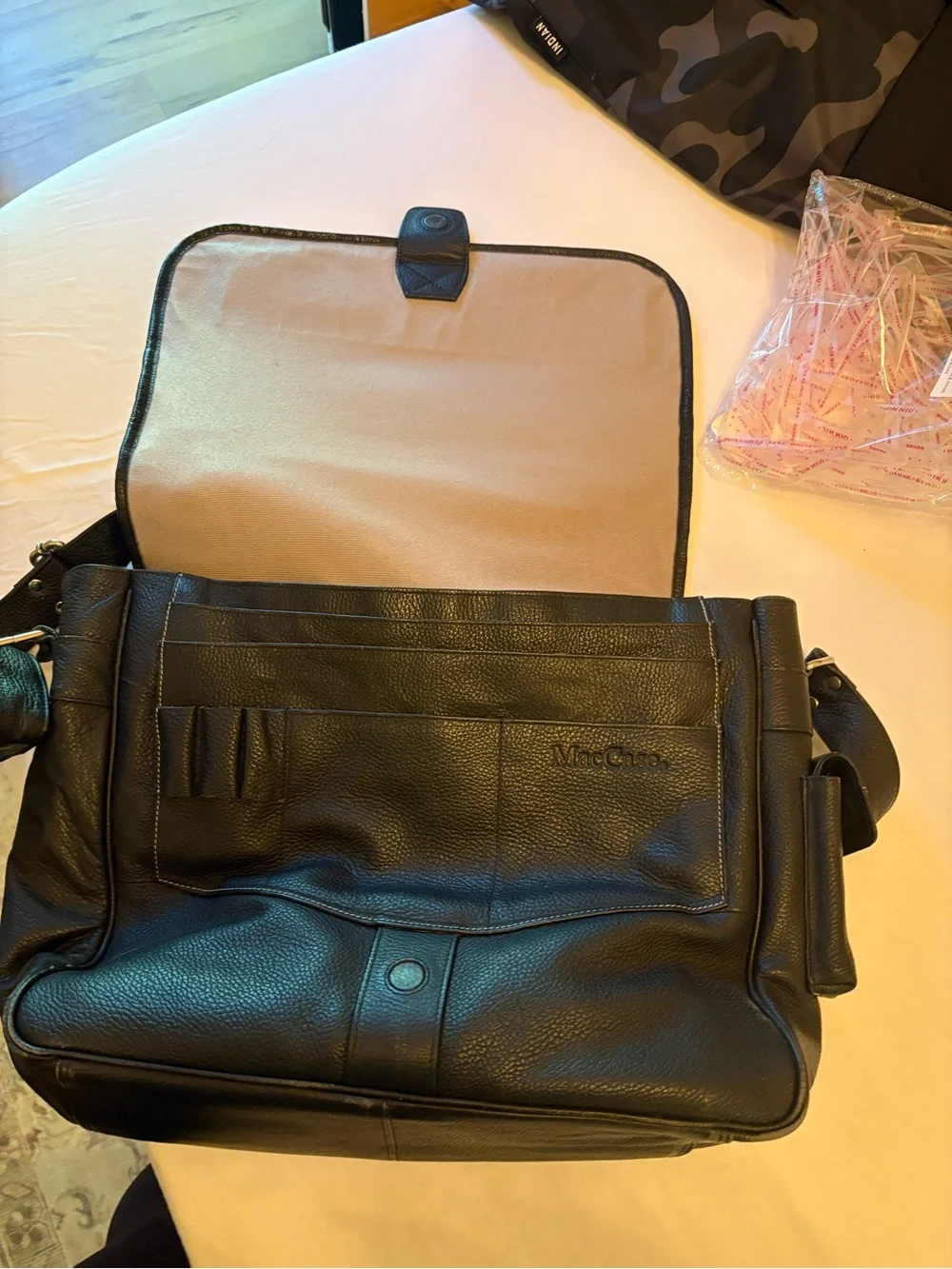 Black Leather Messenger Bag with Front Flap and Zip Pocket